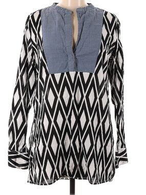 J.Crew Black & White Geometric Tunic Top with Chambray Yoke